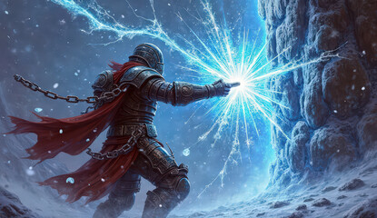 Smashing Enchanted Ice Wall: image of a powerful figure punching through a massive ice wall, shimmering shards scattering, and broken icy chains flying apart.