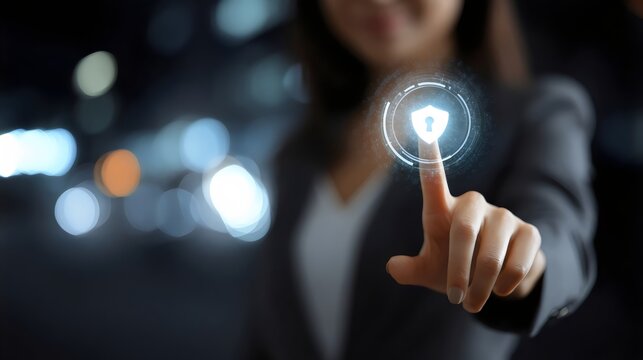 A young Asian woman interacts with a digital security interface, highlighting innovative technology and cybersecurity themes.