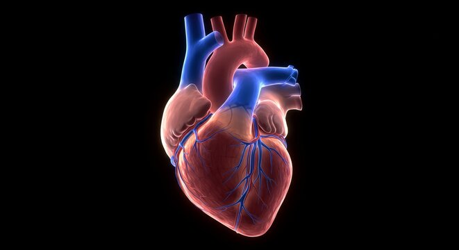 Detailed anatomical heart illustration with red and blue hues on black background