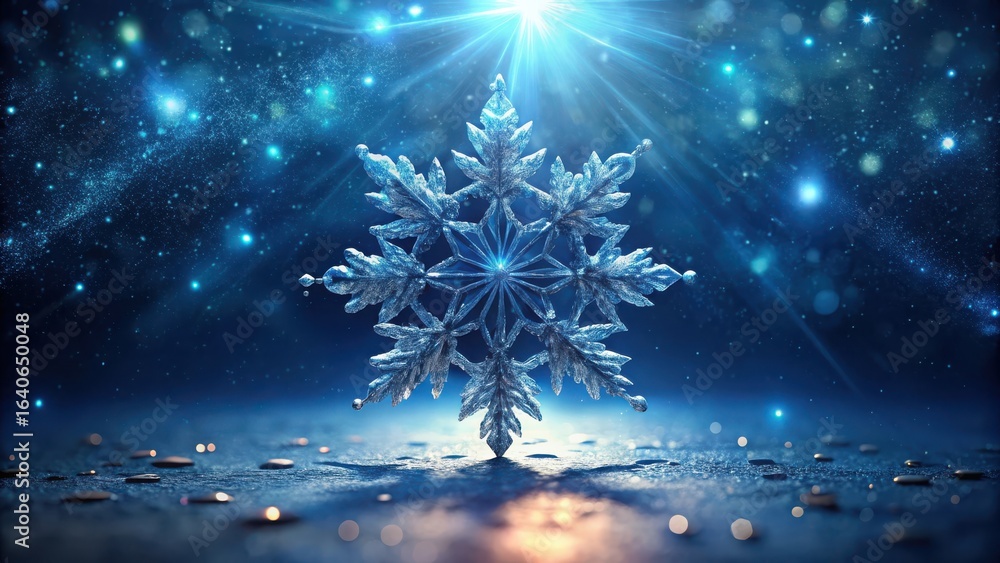 Poster a single, glistening snowflake rests on a frosty surface, illuminated by a celestial light, creating
