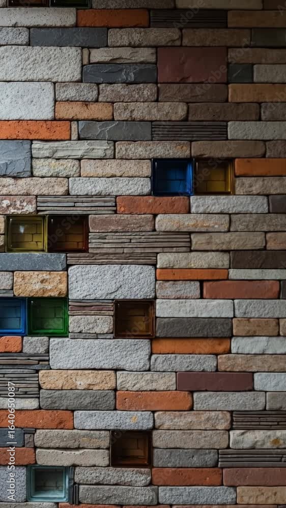Poster detailed brick wall texture with varied stone patterns and embedded glass blocks in a colorful and c