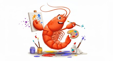 Naklejka premium Shrimp artist painting cartoon illustration