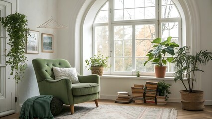 Green Armchair by Window with Plants and Books in Bright, Airy Interior Setting