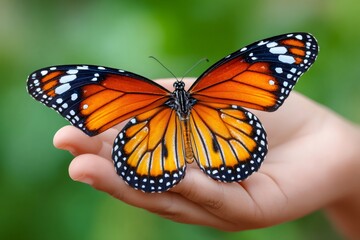 Fototapeta premium Beautiful butterfly gently resting on child's hand in nature