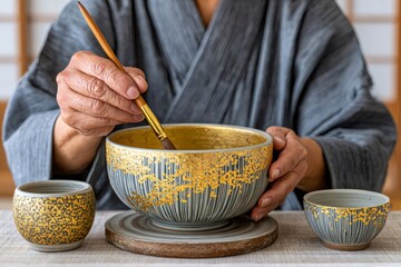 Artisan applying gold leaf to ceramic bowl with brush