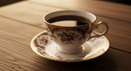 Photo of a vintage porcelain teacup filled with dark coffee sits on a matching saucer, bathed in warm sunlight on a wooden table