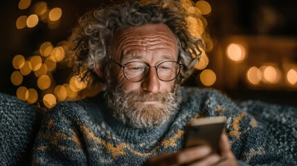 Happy senior man using smartphone at home on couch, scrolling social media, checking financial apps, buying online, texting messages
