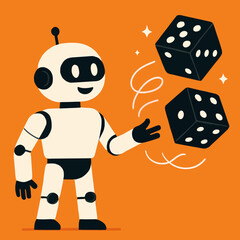 Vector art of cartoon robot throwing dice with sparks on orange background, vector illustration