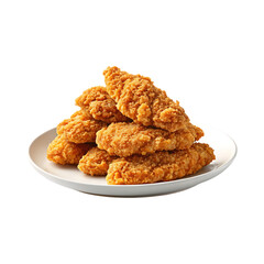 Crispy golden fried chicken tenders piled on a white plate isolated on transparent background
