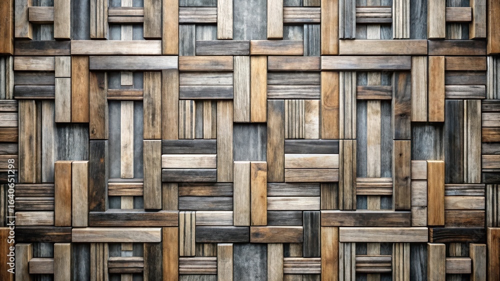 Poster intricate wooden paneling a complex arrangement of rectangular wood blocks in varied stains and grai