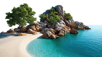Tropical Isle Panorama: Capture the serenity of a secluded tropical isle, where a lush tree and rugged rock formations meet the crystal-clear turquoise waters.