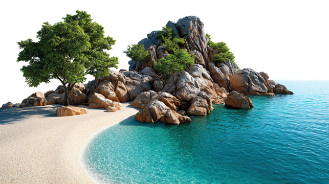 Tropical Isle Panorama: Capture the serenity of a secluded tropical isle, where a lush tree and rugged rock formations meet the crystal-clear turquoise waters. - Powered by Adobe