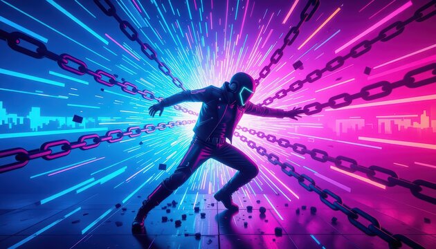 Cyberpunk Warrior Smashing Digital Wall: Sci-fi illustration of a futuristic warrior punching through a glowing holographic wall, - Powered by Adobe