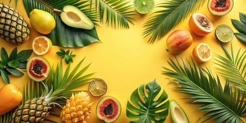 Tropical Fruits and Lush Greenery on Vibrant Yellow Background, Perfect for Summer Designs