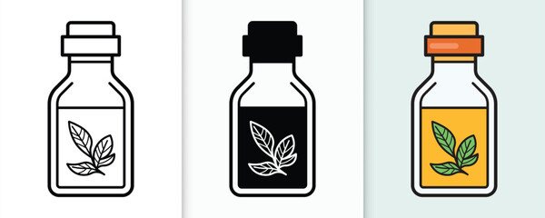 Essential oil bottle with leaves collection three variations of herbal remedy container styles