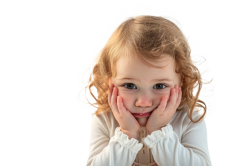 Tearful toddler on a white background, hands covering her face, expressing sadness and despair.