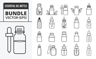 Collection of hand drawn essential oil bottles and dropper with labels for aromatherapy and wellness