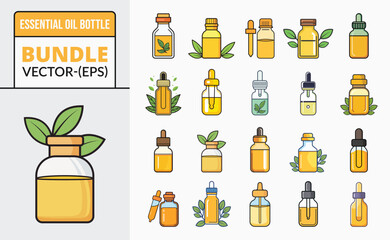 Collection of essential oil bottles and dropper vials with green leaves natural aromatherapy