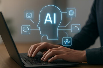 Futuristic AI Hologram Interface on Laptop.