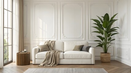 Elegant White Sofa in a Classic Living Room with Decorative Walls and Indoor Plant
