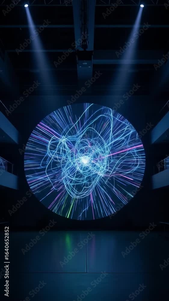 Poster abstract circular light design with dynamic blue pattern displayed on a stage with modern visual eff