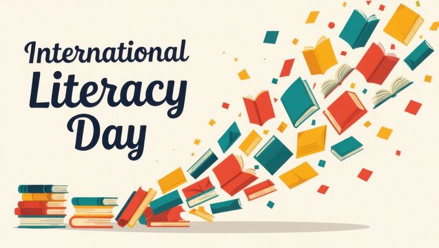 International literacy day celebration with books and colorful design elements