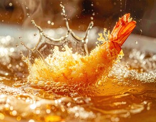 A photo of the moment of frying shrimp tempura/海老天ぷらを揚げる瞬間写真