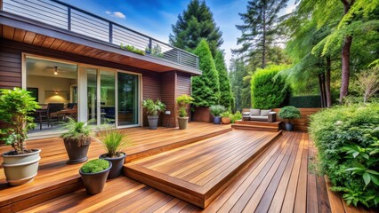Fototapeta premium Serene Backyard Deck Design with Lush Greenery and Modern Home Interior Glimpse