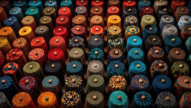 Colorful fabric rolls arranged in a grid pattern