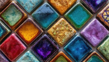 Vibrant colorful mosaic tiles in a repeating diamond pattern