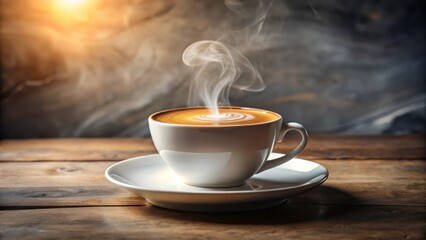 Fototapeta premium Aromatic Steaming Cup of Coffee on Rustic Wooden Table with Warm Lighting