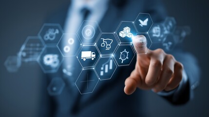 Fototapeta premium Businessman in formal suit interacting with digital supply chain and logistics icons on transparent screen