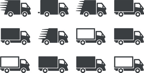 Collection of silhouetted delivery trucks in various motion and static poses