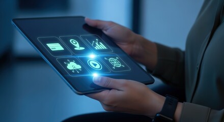 Woman Interacting with Digital Tablet Displaying Financial and Technological Icons, Representing Modern Connectivity and Data Management