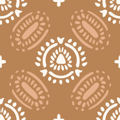 Hand painted round and oval block prints forming an ethnic maximalist pattern in colors of off white and cream on mocha mousse background. Folk art seamless vector pattern.Great for home decor, fabric