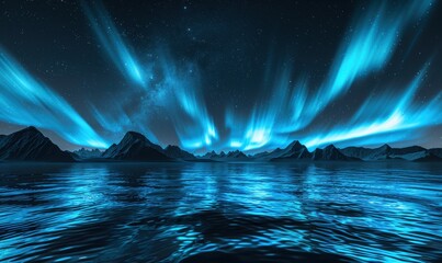 Naklejka premium Spectacular aurora borealis reflection over water silhouetted mountains at night
