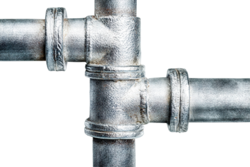 Metal pipe joint with industrial connection, isolated on transparent cutout background