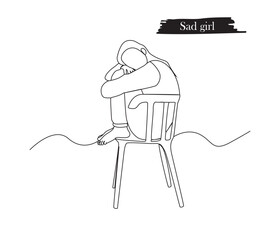 Continuous line drawings of depressed sad girl. mental health concept.