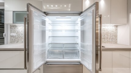 Fototapeta premium Empty Refrigerator with Open Doors in a Modern Kitchen, Stainless Steel Appliance Ready for Food