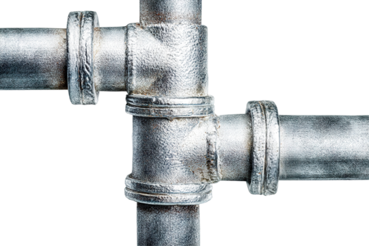 Metal pipe joint with industrial connection, isolated on transparent cutout background