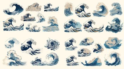 Traditional Japanese wave illustration set inspired by ukiyo-e art, showcasing ocean waves in dynamic motion, perfect for cultural and marine design projects.