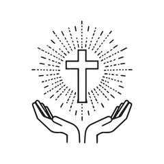 Christian cross in hands line icon. Religious symbol of faith, prayer, and salvation. God's grace and worship concept vector illustration.
