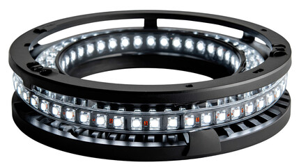 LED Ring Light: A modern LED ring light illuminates a tech-savvy backdrop. The image showcases sleek, energy-efficient lighting technology, perfect for modern design and high-tech aesthetics.