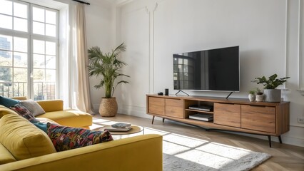 Yellow Sofa and Wooden TV Stand in Bright Living Room with Plant and Natural Light