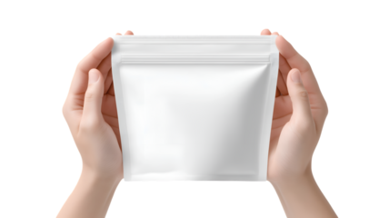 Minimal White Stand-Up Pouch Mockup Held by Two Hands