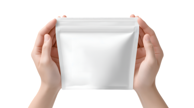 Minimal White Stand-Up Pouch Mockup Held by Two Hands