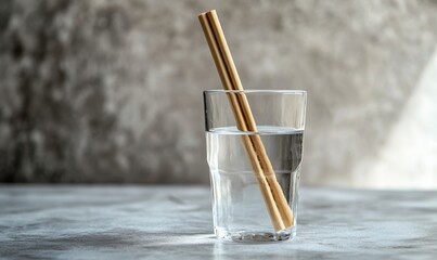 Bamboo straw placed in a glass of water on a grey background, symbolizing reusable alternatives for a sustainable, plastic-free lifestyle, Generative AI