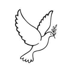 Dove of peace flying with an olive branch. Christian symbol of the Holy Spirit and hope. Black and white line art vector illustration, coloring page.
