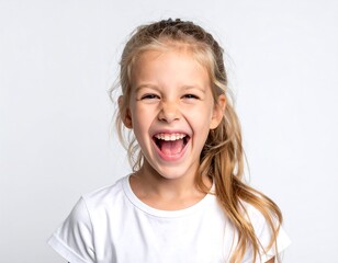 A joyful young girl with blonde hair laughs broadly against a plain white background