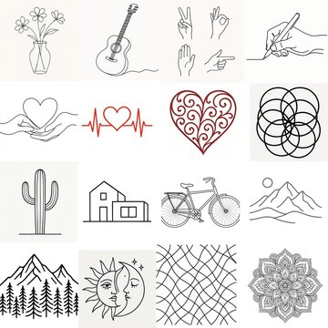 A collage of line art drawings featuring nature objects and symbolic representations on a white background
